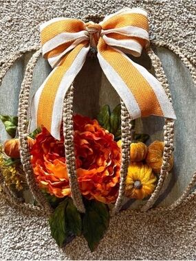 Handmade Pumpkin Wreath with Striped Orange Bow